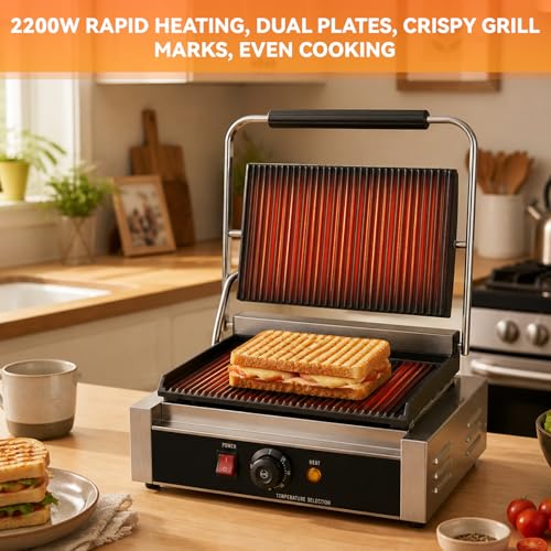 Commercial Panini Press Grill with Adjustable Temperature