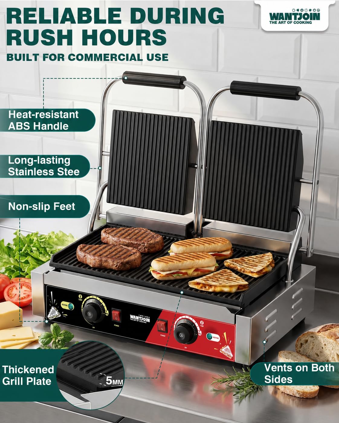3600W Commercial Panini Press with Dual Temperature Control