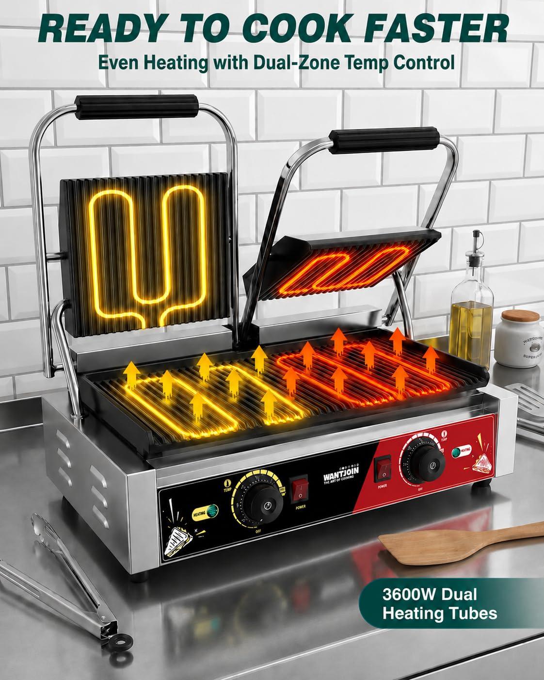 3600W Commercial Panini Press with Dual Temperature Control
