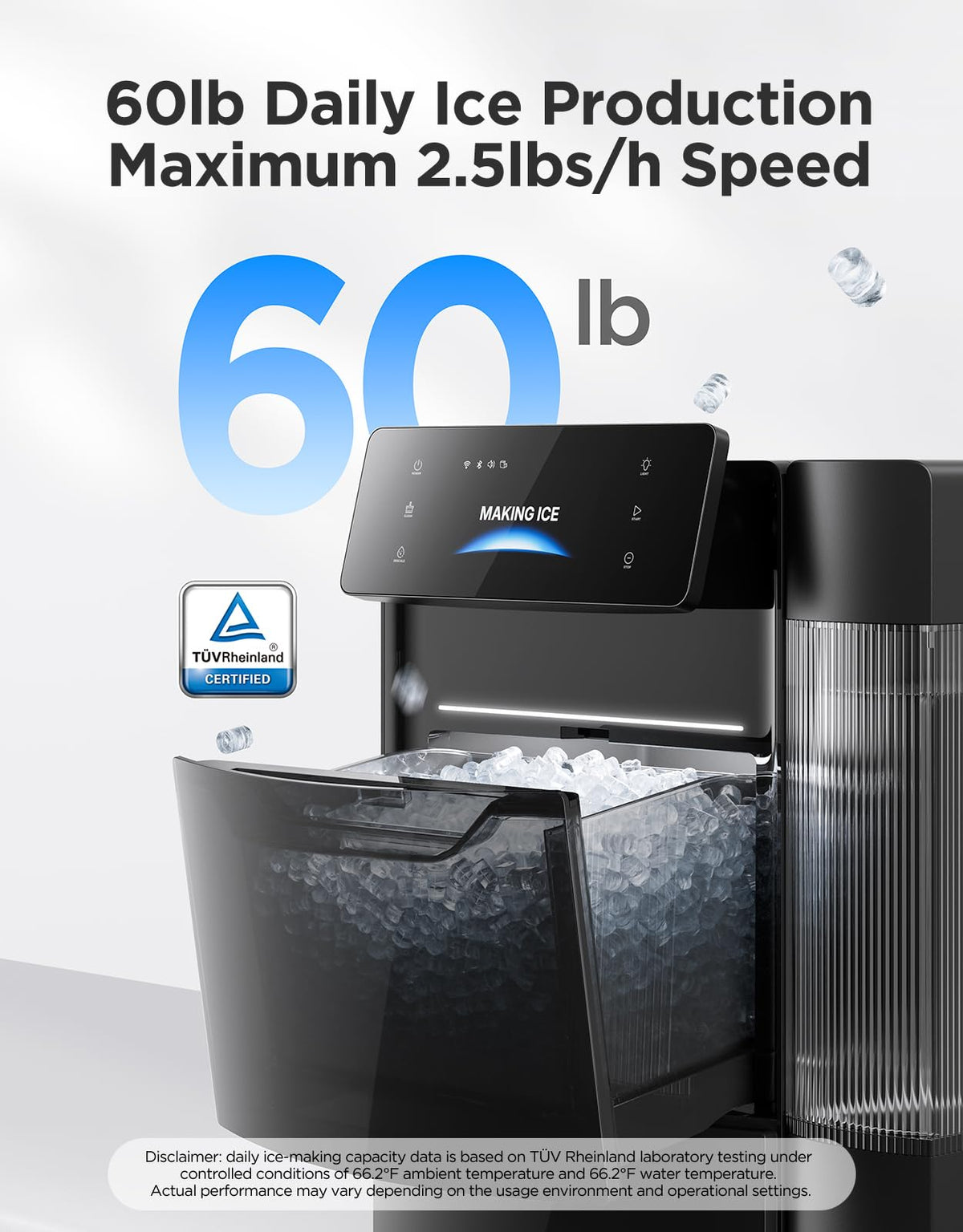 Smart Nugget Ice Maker 60LBS Daily with 6 Minute Ice Making