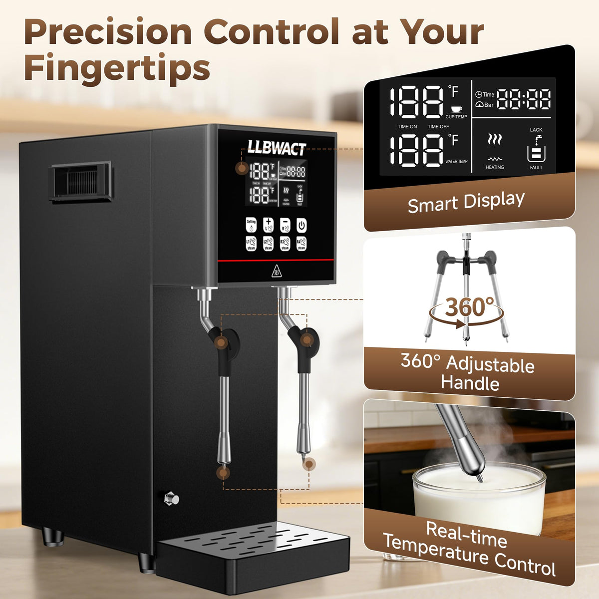 2000W Commercial Steam Milk Frother with 8L Boiler and LED Display