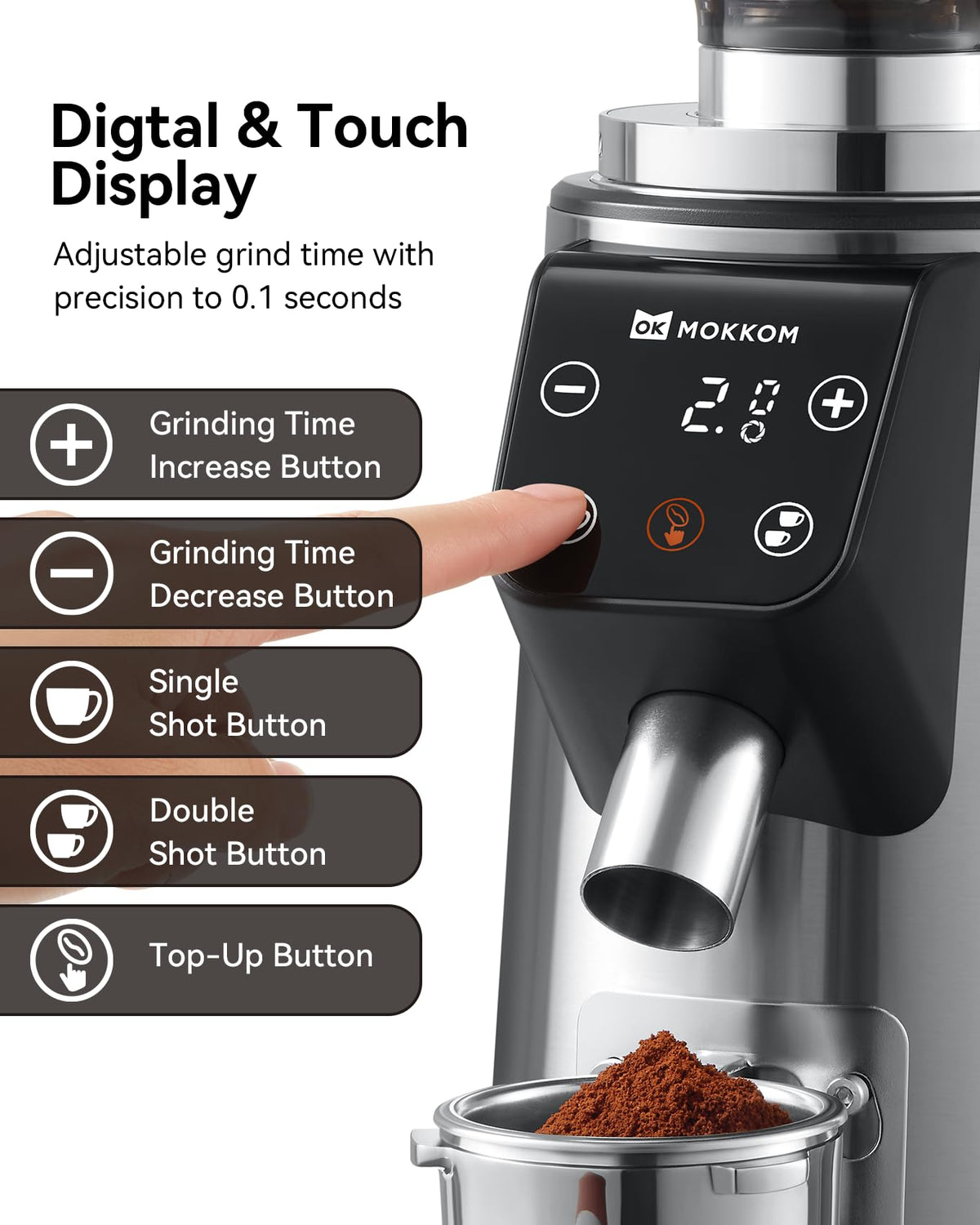 64mm Flat Burr Coffee Grinder with 100 Grind Settings and LED Display