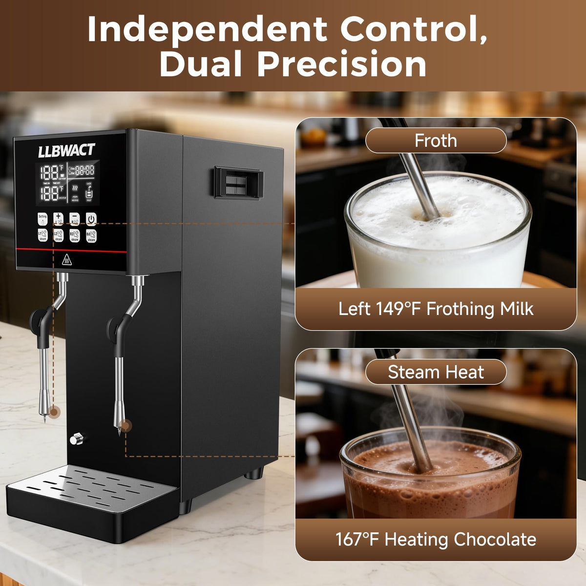 2000W Commercial Steam Milk Frother with 8L Boiler and LED Display