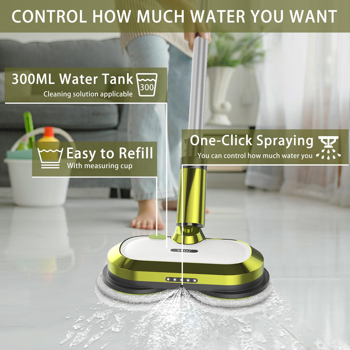 Cordless Electric Mop with Water Spray and Detachable Battery