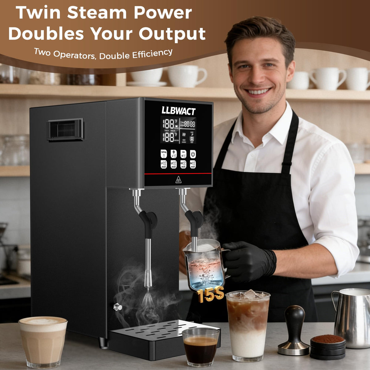 2000W Commercial Steam Milk Frother with 8L Boiler and LED Display