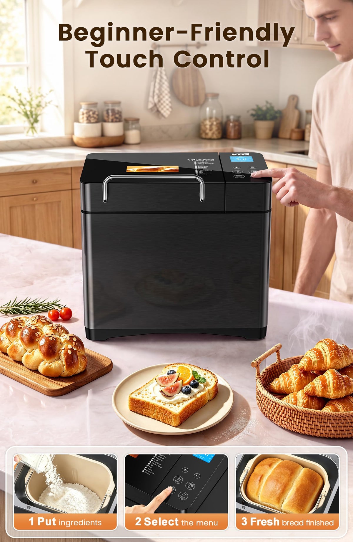 17 in 1 Stainless Steel Bread Maker with Dual Heaters