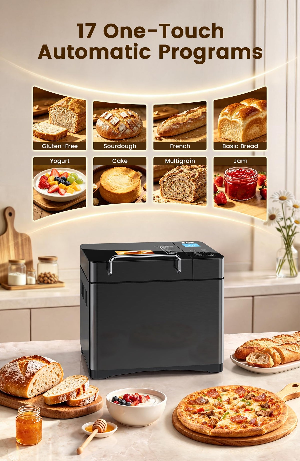 17 in 1 Stainless Steel Bread Maker with Dual Heaters