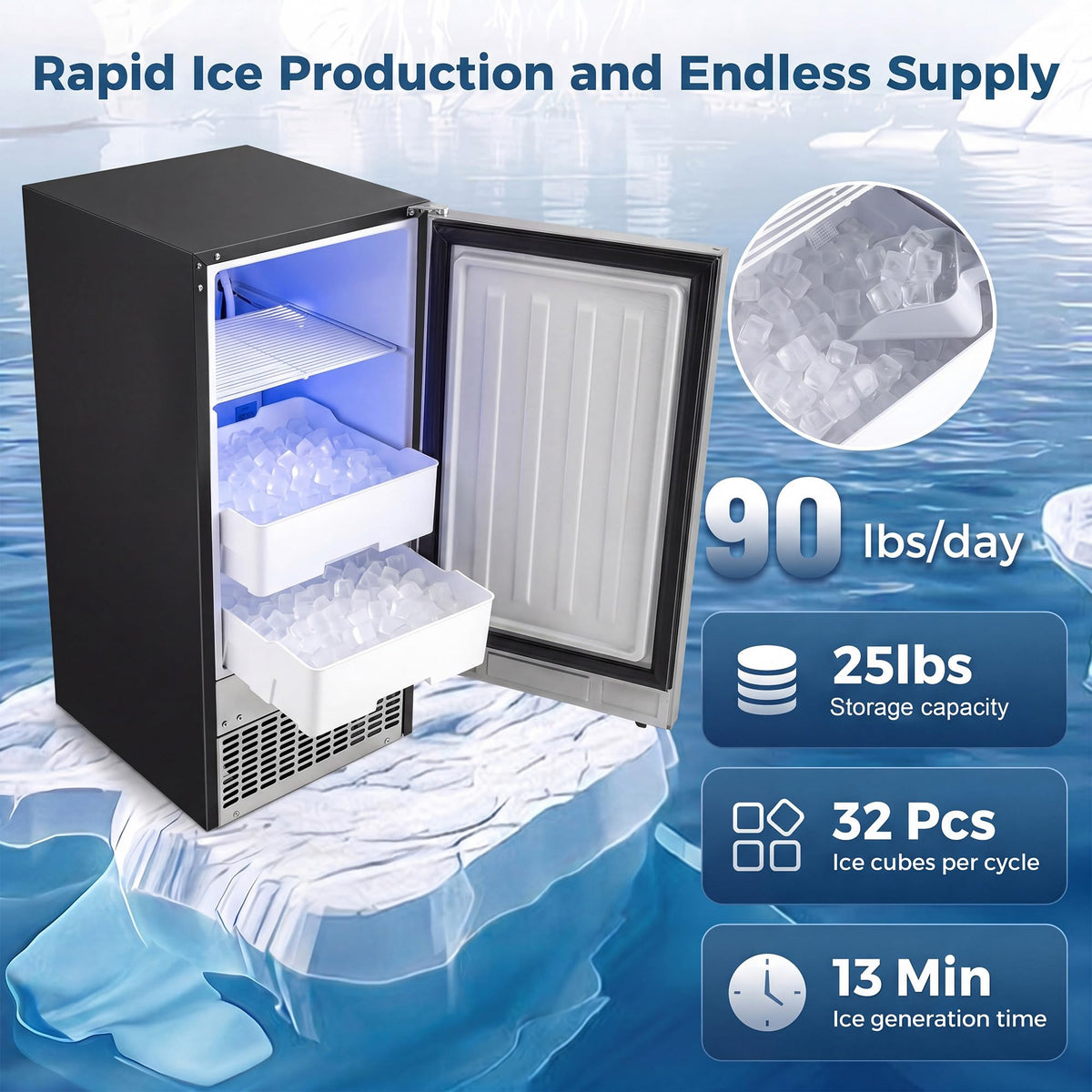 15 Inch Commercial Undercounter Cube Ice Maker 90 LBS Per Day