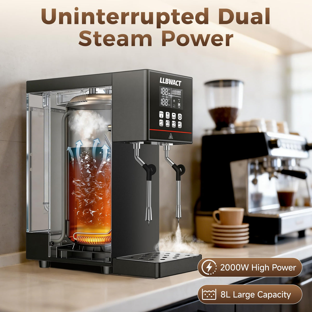 2000W Commercial Steam Milk Frother with 8L Boiler and LED Display