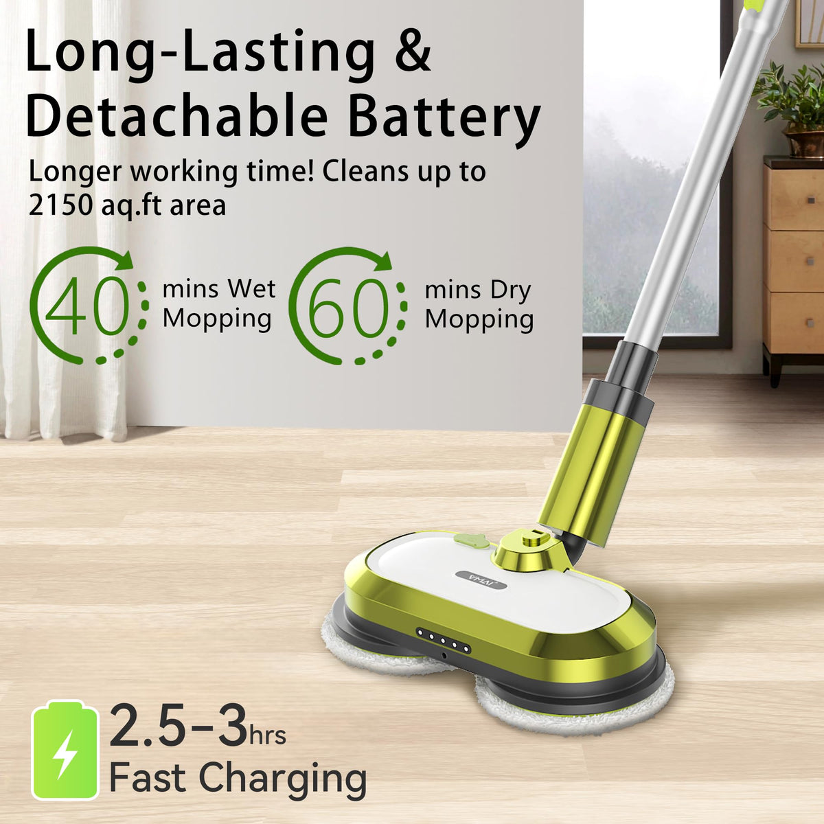 Cordless Electric Mop with Water Spray and Detachable Battery